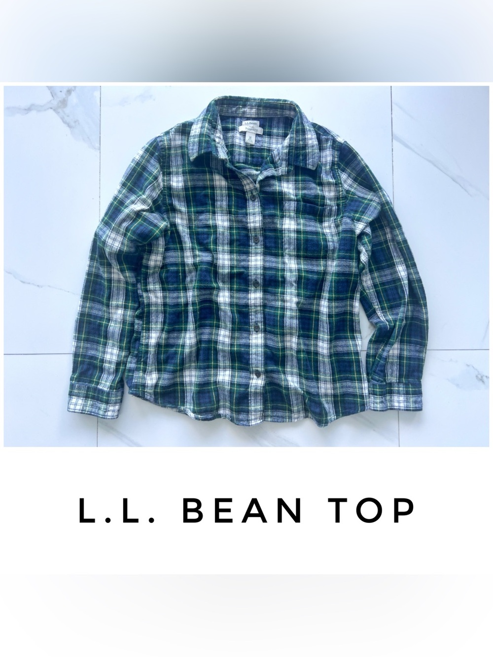 L.L. Bean top size Medium blue green yellow white flannel tartan relaxed plaid